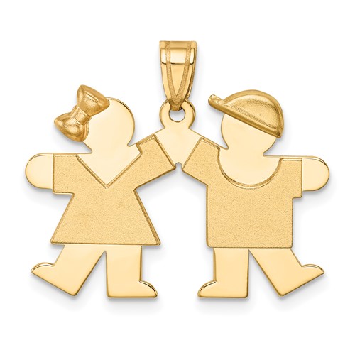 14K Yellow Gold the Kids Solid Engravable Small Girl on Left and Boy on Right Kiss Charm