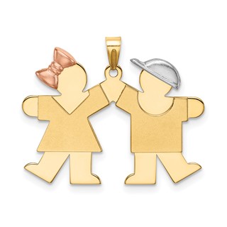 14k Tri-color The Kids Small Girl on Left and Boy on Right Engravable Kiss Charm