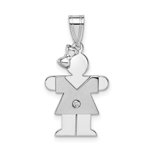14K White Gold the Kids Small Girl Charm with Bow on Left AA Diamond Hugs