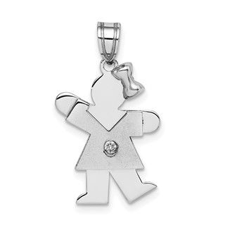 14k White Gold The Kids Small Girl with Bow on Right AAA Diamond Kiss Charm