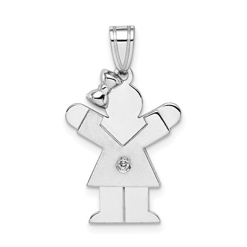 14K White Gold the Kids Small Girl Charm with Bow on Left AA Diamond Love