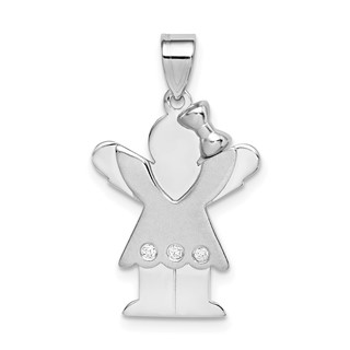 14k White Gold The Kids Small Girl with Ruffles and Bow on Right AA Diamond Love Charm