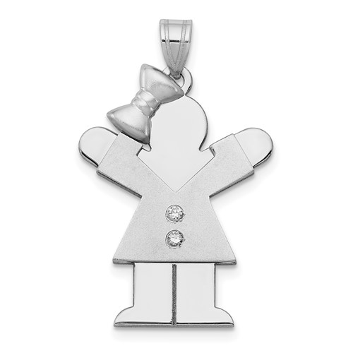 14K White Gold the Kids Medium Girl Charm with Bow on Left AA Diamond Love