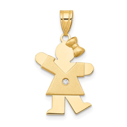 14K Yellow Gold the Kids Small Girl Pendant with Bow on Right Aaa Diamond Kiss