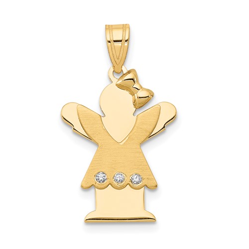 14K Yellow Gold the Kids Small Girl Pendant with Ruffles and Bow on Right AA Diamond Love