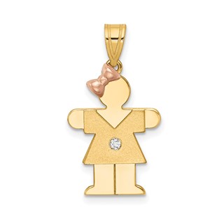 14k Two-tone The Kids Small Girl with Bow on Left VS Diamond Hugs Pendant