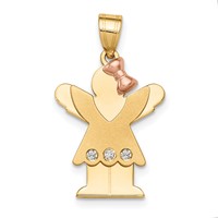 14K Two-tone the Kids Small Girl Pendant with Ruffles and Bow on Right AA Diamond Love view 1