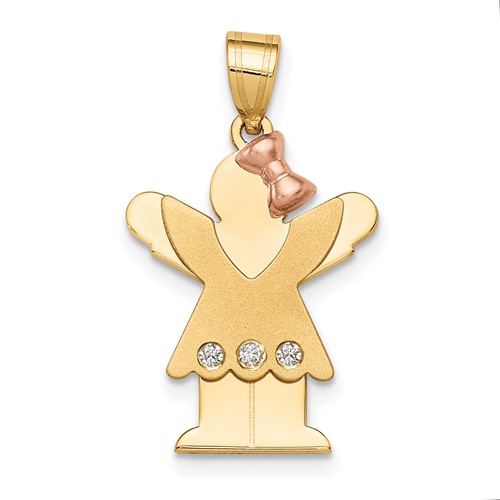 14K Two-tone the Kids Small Girl Pendant with Ruffles and Bow on Right AA Diamond Love