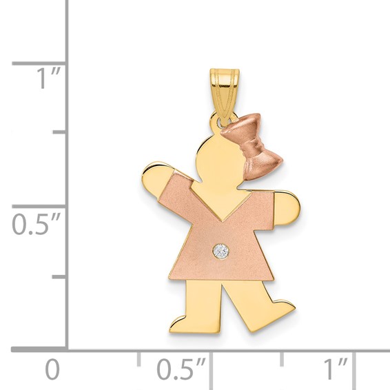 14k Two-tone The Kids Small Girl with Bow on Right AAA Diamond Kiss Pendant