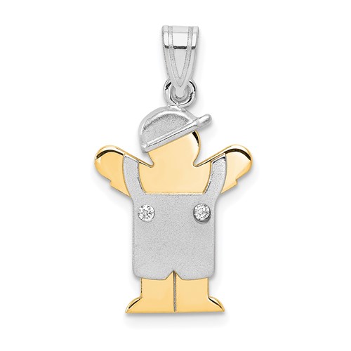 14K Two-tone the Kids Small Boy in Overalls Pendant with Hat on Left AA Diamond Love