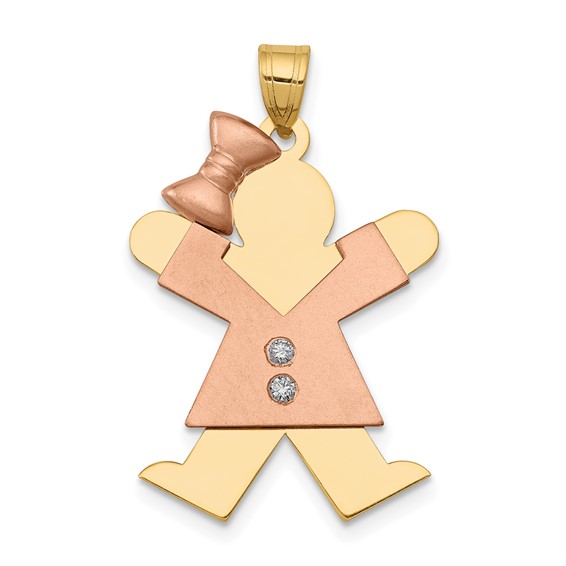 14k Two-tone The Kids Medium Girl with Bow on Left AA Diamond Joy Pendant