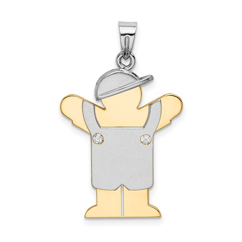 14K Two-tone the Kids Medium Boy in Overalls Pendant with Hat on Left AA Diamond Love