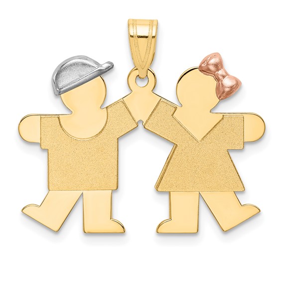 14k Tri-color The Kids Small Boy on Left and Girl on Right Engravable Kiss Charm