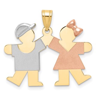 14k Tri-color The Kids Small Boy on Left and Girl on Right Engravable Kiss Charm