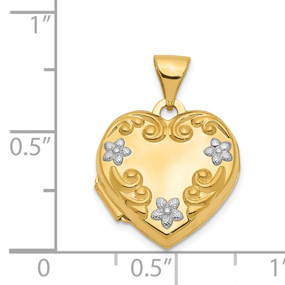 14k Heart Locket with Rhodium Flowers on 18inch Cable Rope Chain