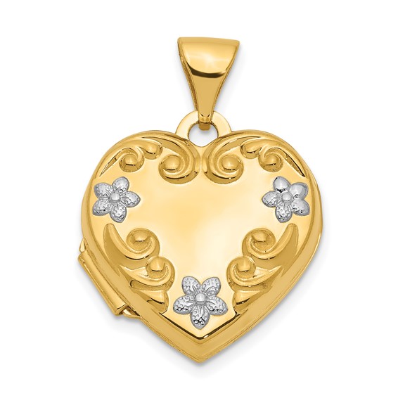 14k Heart Locket with Rhodium Flowers on 18inch Cable Rope Chain