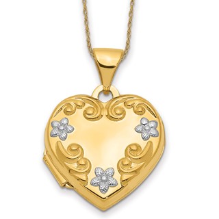 14k Heart Locket with Rhodium Flowers on 18inch Cable Rope Chain