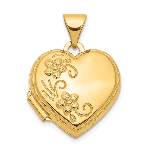 14K Yellow Gold Polished Floral Reverses to Love You Always Script 15mm Heart Locket