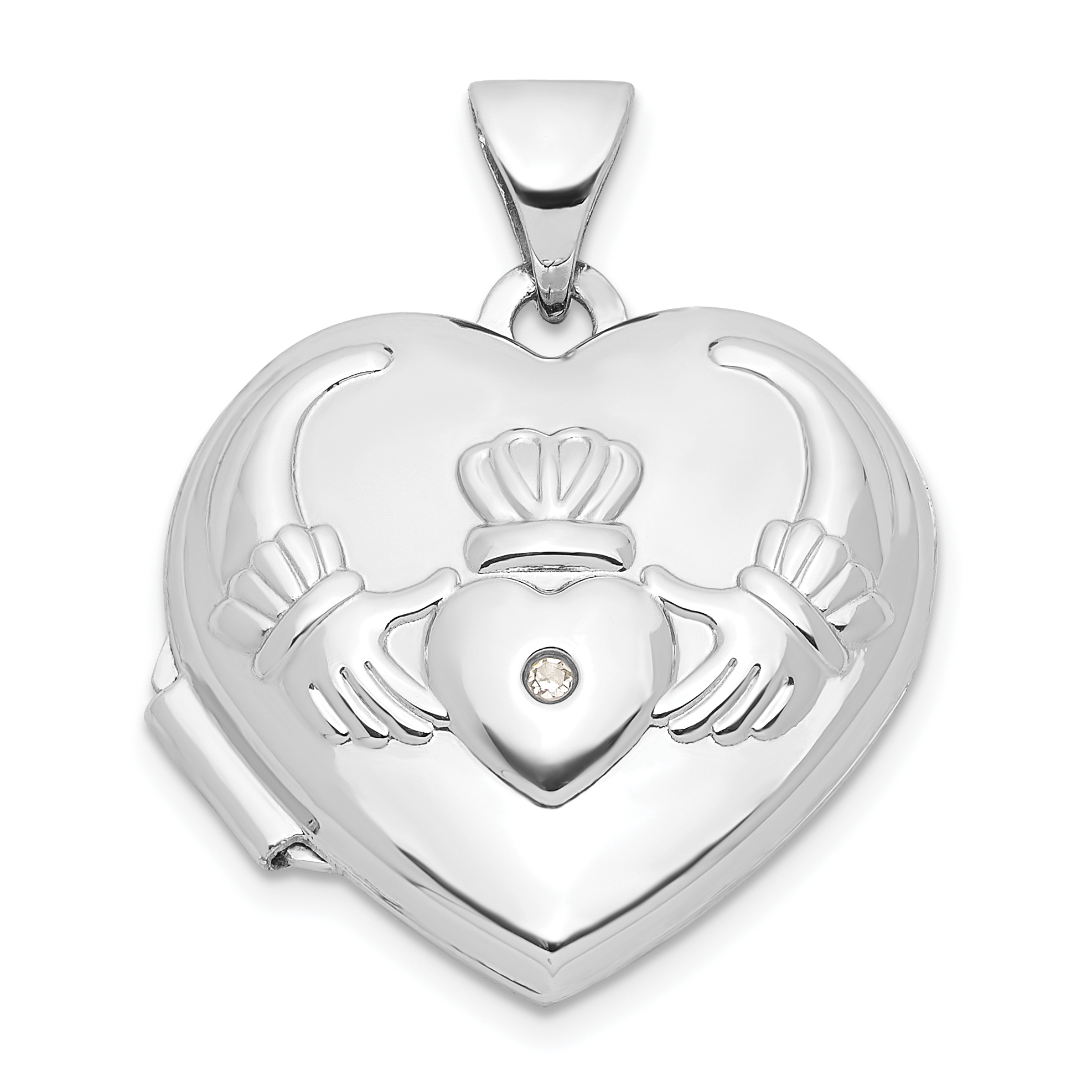 14k White Gold Diamond Claddagh with Poem on Reverse 18mm Heart Locket (XL307)