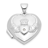 14K White Gold Diamond Claddagh with Poem on Reverse 18mm Heart Locket view 1