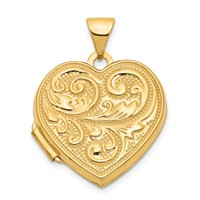 14K Yellow Gold Scrolled Design Reverses to Love You Always Script 18mm Heart Locket view 1