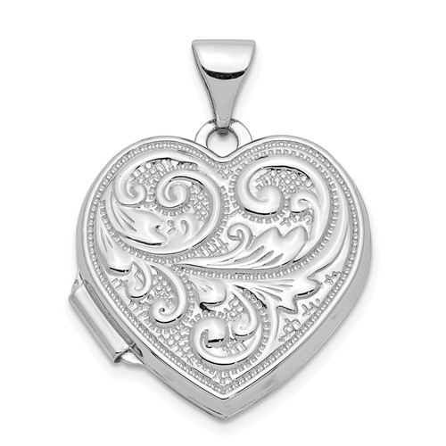 14K White Gold Scrolled Design Reverses to Love You Always Script 18mm Heart Locket