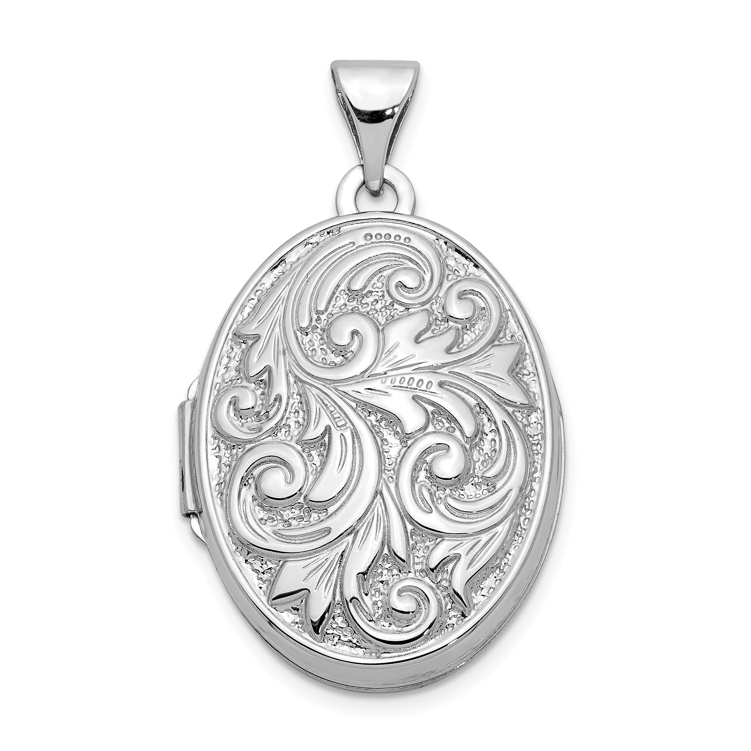 14k White Gold Polished Leaf Swirl Design with LOVE YOU ALWAYS on Reverse 21mm Oval Locket (XL340)