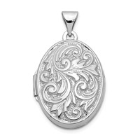 14K White Gold Polished Leaf Swirl Design with Love You Always on Reverse 21mm Oval Locket view 1