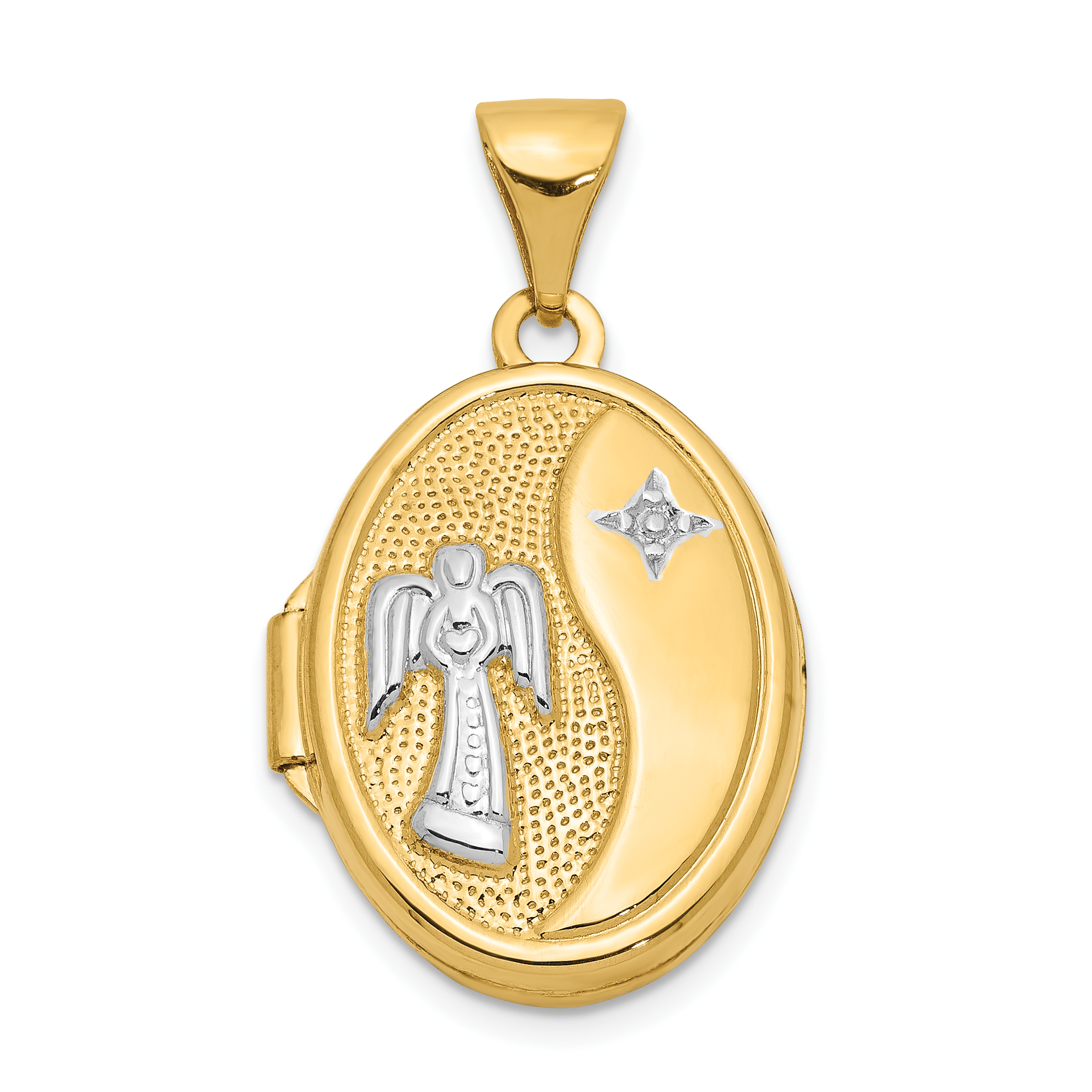 14k with White Rhodium Guardian Angel with Poem on Reverse 17mm Oval Locket (XL360)