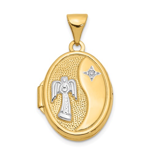 14K with White Rhodium Guardian Angel with Poem on Reverse 17mm Oval Locket