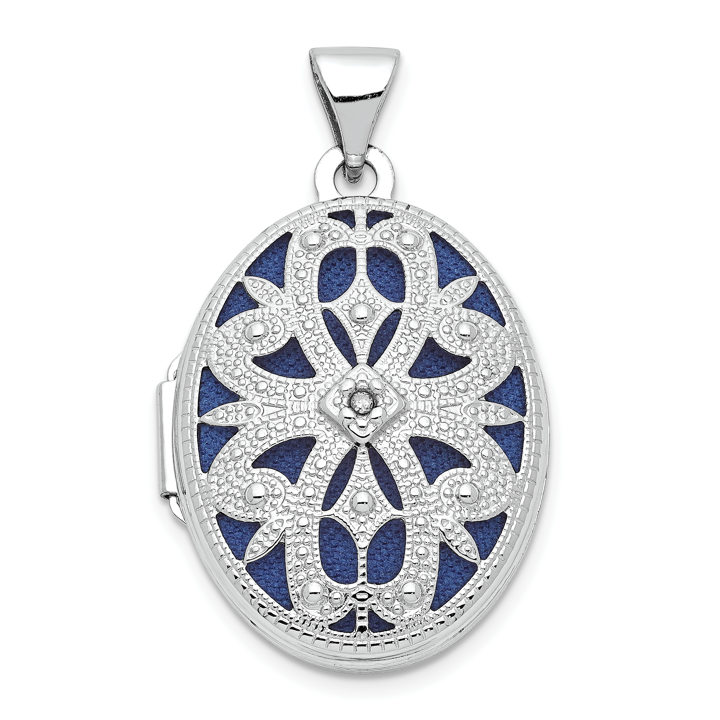 14K White Gold Diamond Vintage Filigree with Blue Fabric Interior 21mm Oval Locket (XL544)