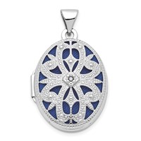 14K White Gold Diamond Vintage Filigree with Blue Fabric Interior 21mm Oval Locket view 1