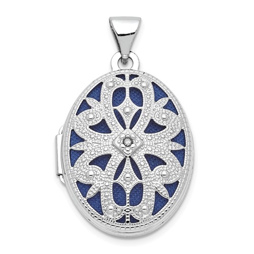 14K White Gold Diamond Vintage Filigree with Blue Fabric Interior 21mm Oval Locket