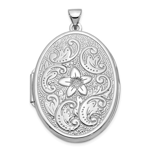 14K White Gold Reversible Floral Swirl Design 32mm Oval Locket
