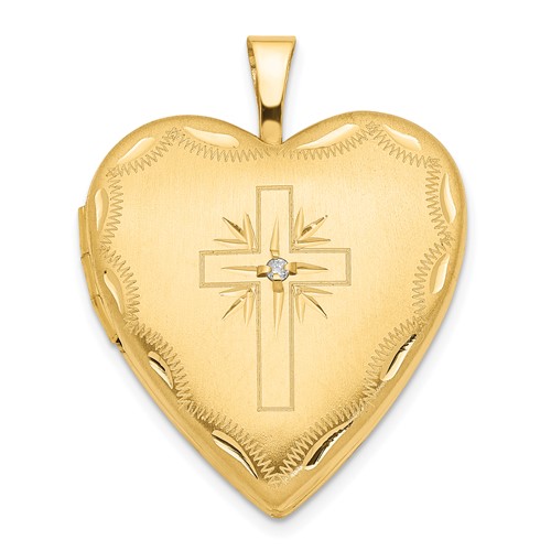 14K Yellow Gold Diamond Satin and Diamond-cut Cross 20mm Heart Locket