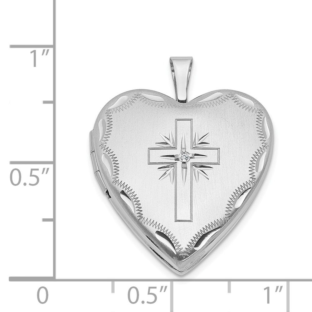 14k White Gold Diamond Satin and Diamond-cut Cross 20mm Heart Locket (XL585)