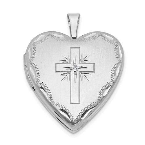 14K White Gold Diamond Satin and Diamond-cut Cross 20mm Heart Locket