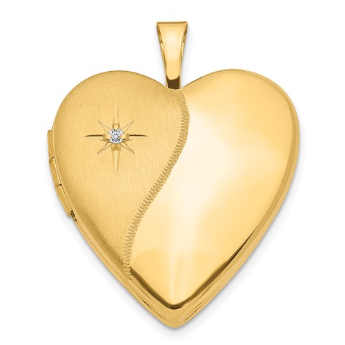 14K Yellow Gold Polished and Satin Diamond Star 20mm Heart Locket