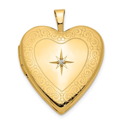 14K Yellow Gold Diamond Star with Side Swirl Edge 20mm Heart Locket