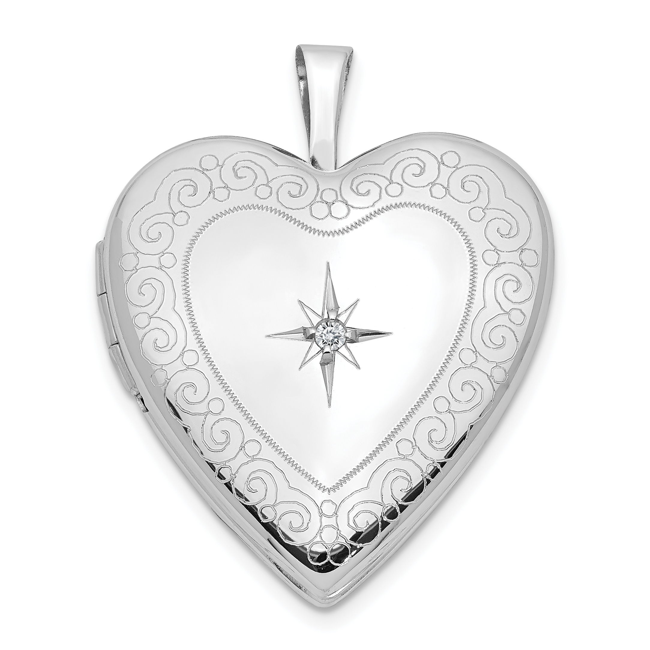 14K White Gold Diamond Star with Side Swirl Edge 20mm Heart Locket (XL597)