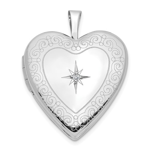 14K White Gold Diamond Star with Side Swirl Edge 20mm Heart Locket