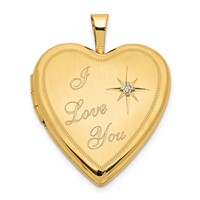 14K Yellow Gold Satin Diamond Star I Love You Script 20mm Heart Locket view 1