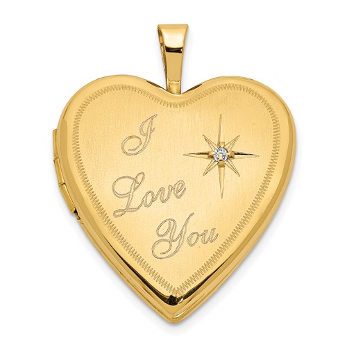 14K Yellow Gold Satin Diamond Star I Love You Script 20mm Heart Locket