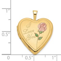 14K Yellow Gold Pink and Green Enamel Rose I Love You Script 20mm Heart Locket view 5