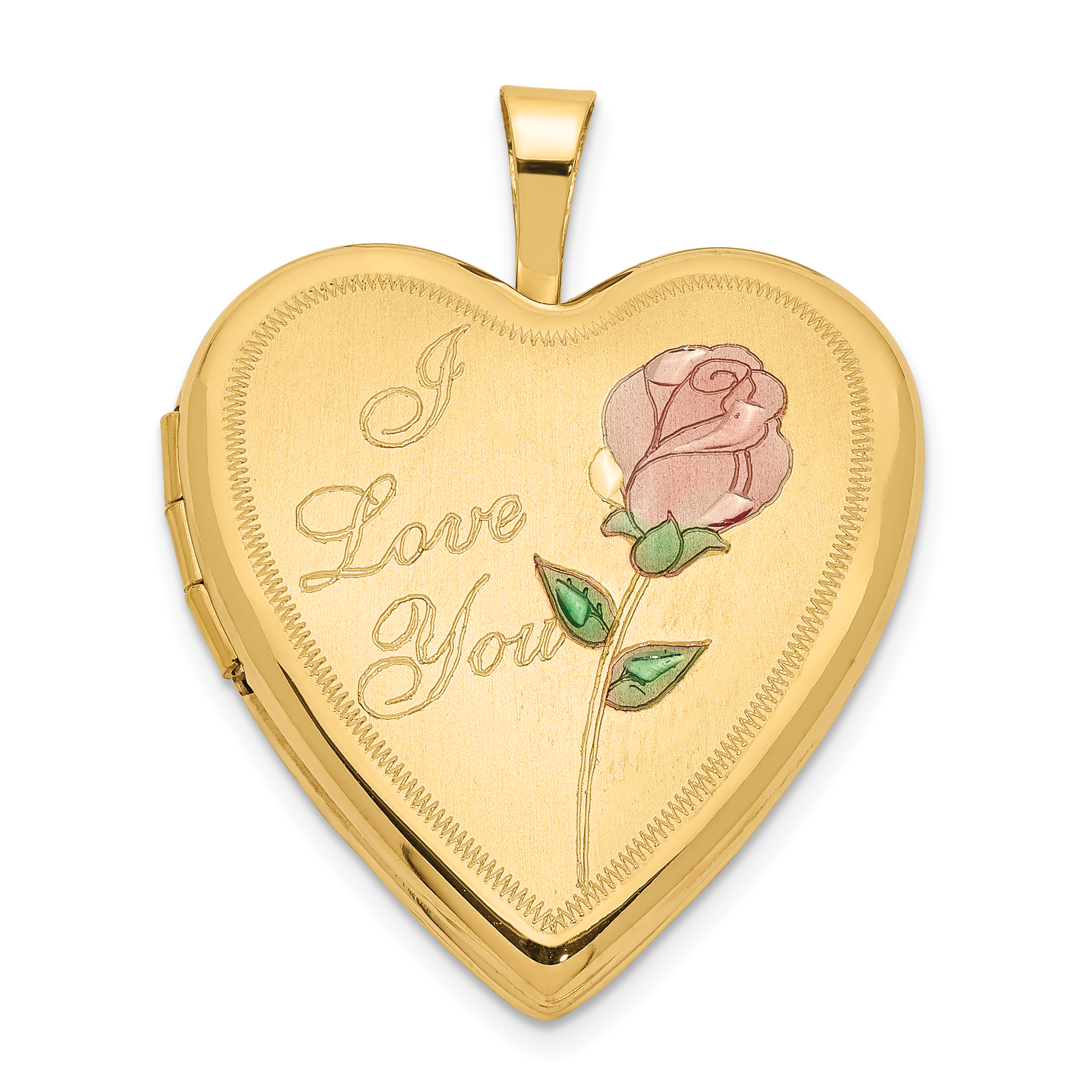 14K Pink and Green Enamel Rose I LOVE YOU Script 20mm Heart Locket (XL602)