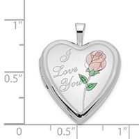 14K White Gold Pink and Green Enamel Rose I Love You Script 20mm Heart Locket view 5