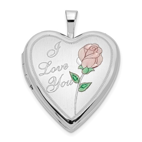 14K White Gold Pink and Green Enamel Rose I Love You Script 20mm Heart Locket