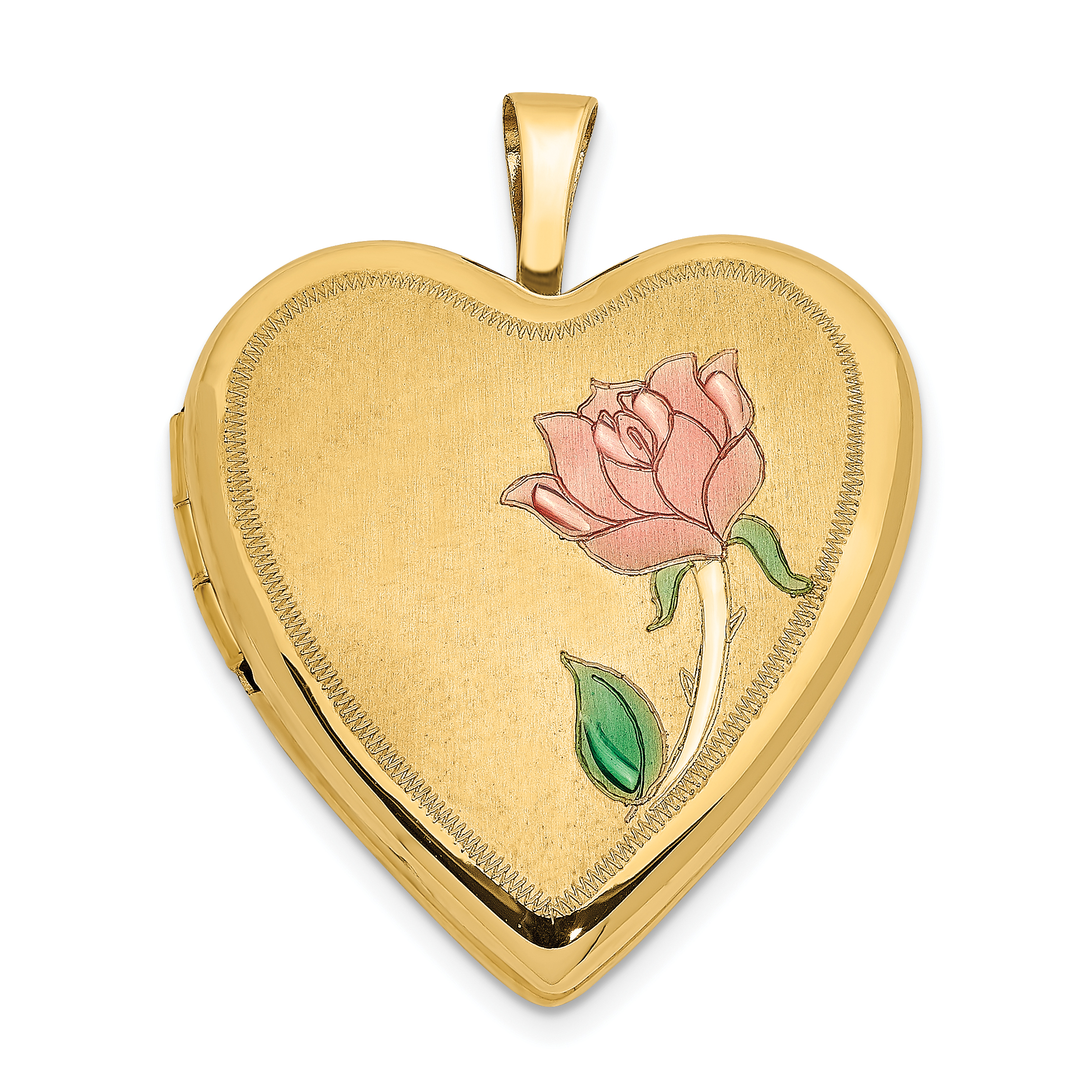 14K Pink and Green Enamel Rose 20mm Heart Locket (XL604)