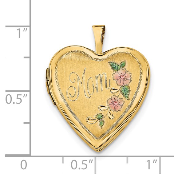 14k Pink and Green Enameled Floral MOM Script 20mm Heart Locket
