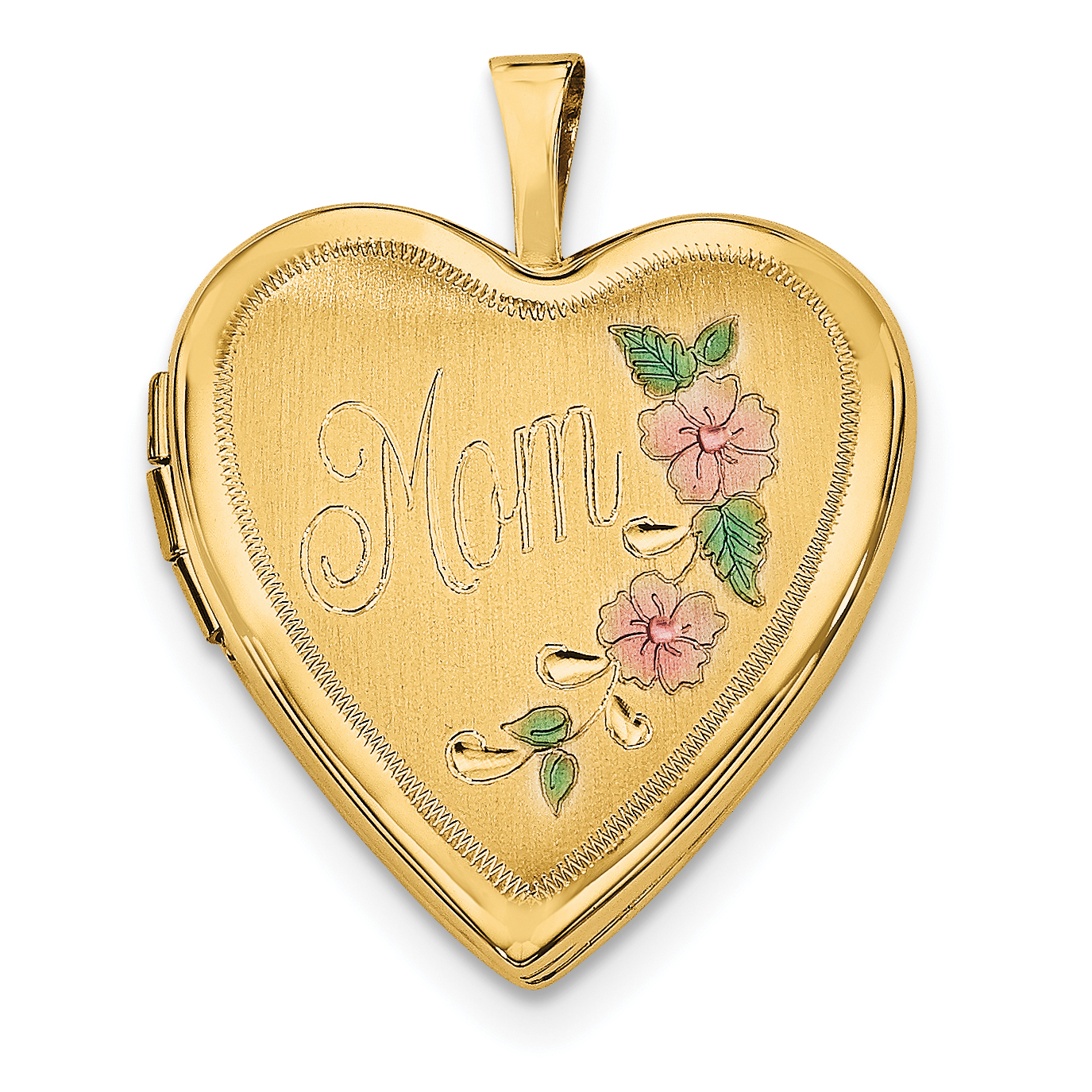 14k Pink and Green Enameled Floral MOM Script 20mm Heart Locket (XL612)